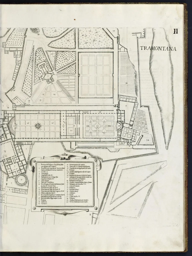 An illustration from Architettura della basilica di S. Pietro in Vaticano : Opera di Bramante Lazzari, Michel'Angelo Bonarota, Carlo Maderni, e altri famosi architetti, 1684, leaf 56