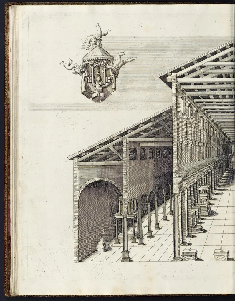 An illustration from Architettura della basilica di S. Pietro in Vaticano : Opera di Bramante Lazzari, Michel'Angelo Bonarota, Carlo Maderni, e altri famosi architetti, 1684, leaf 67