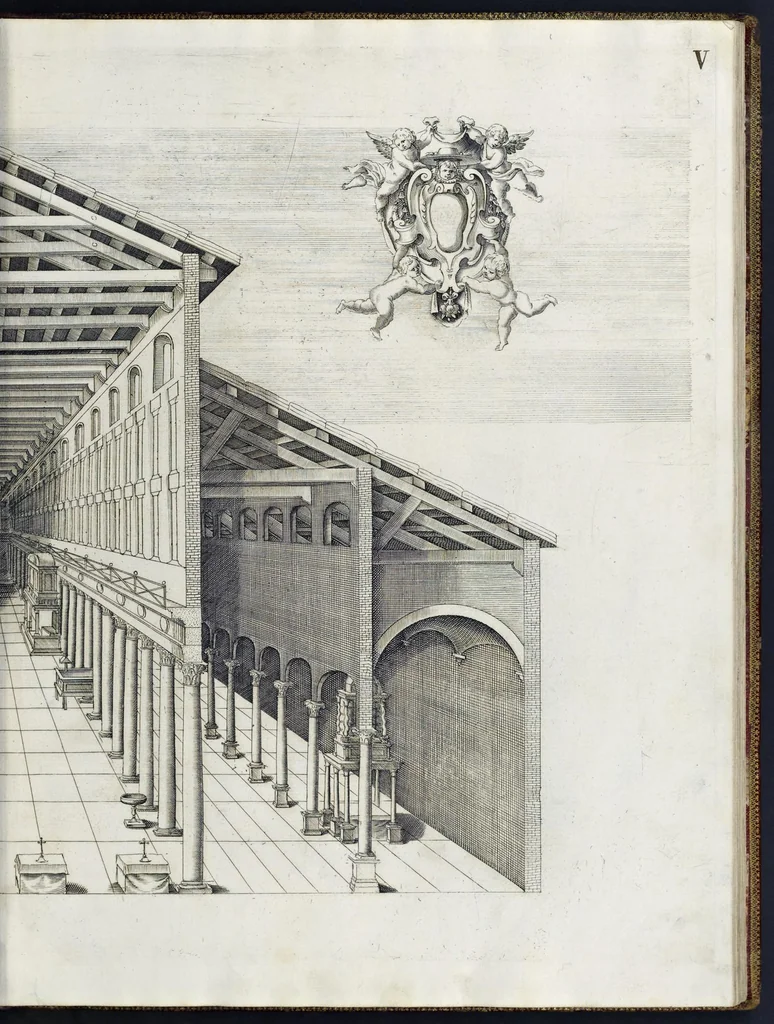 An illustration from Architettura della basilica di S. Pietro in Vaticano : Opera di Bramante Lazzari, Michel'Angelo Bonarota, Carlo Maderni, e altri famosi architetti, 1684, leaf 68