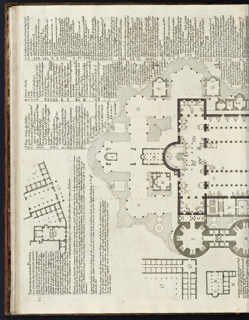 An illustration from Architettura della basilica di S. Pietro in Vaticano : Opera di Bramante Lazzari, Michel'Angelo Bonarota, Carlo Maderni, e altri famosi architetti, 1684, leaf 71