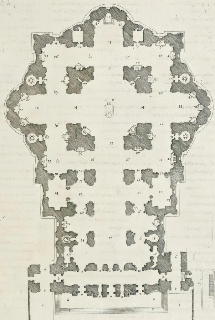 An illustration from Architettura della basilica di S. Pietro in Vaticano : Opera di Bramante Lazzari, Michel'Angelo Bonarota, Carlo Maderni, e altri famosi architetti, 1684, leaf 76