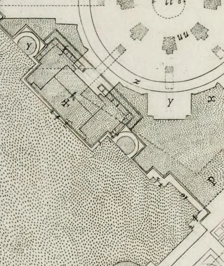 An illustration from Architettura della basilica di S. Pietro in Vaticano : Opera di Bramante Lazzari, Michel'Angelo Bonarota, Carlo Maderni, e altri famosi architetti, 1684, leaf 80