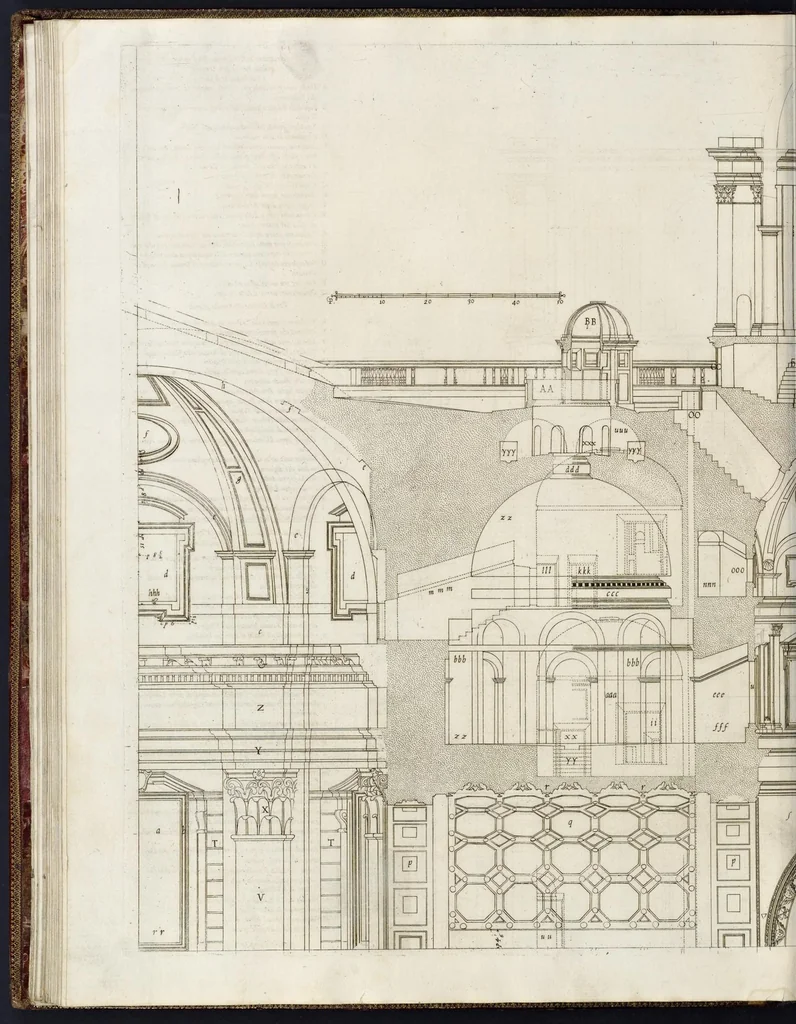 An illustration from Architettura della basilica di S. Pietro in Vaticano : Opera di Bramante Lazzari, Michel'Angelo Bonarota, Carlo Maderni, e altri famosi architetti, 1684, leaf 83