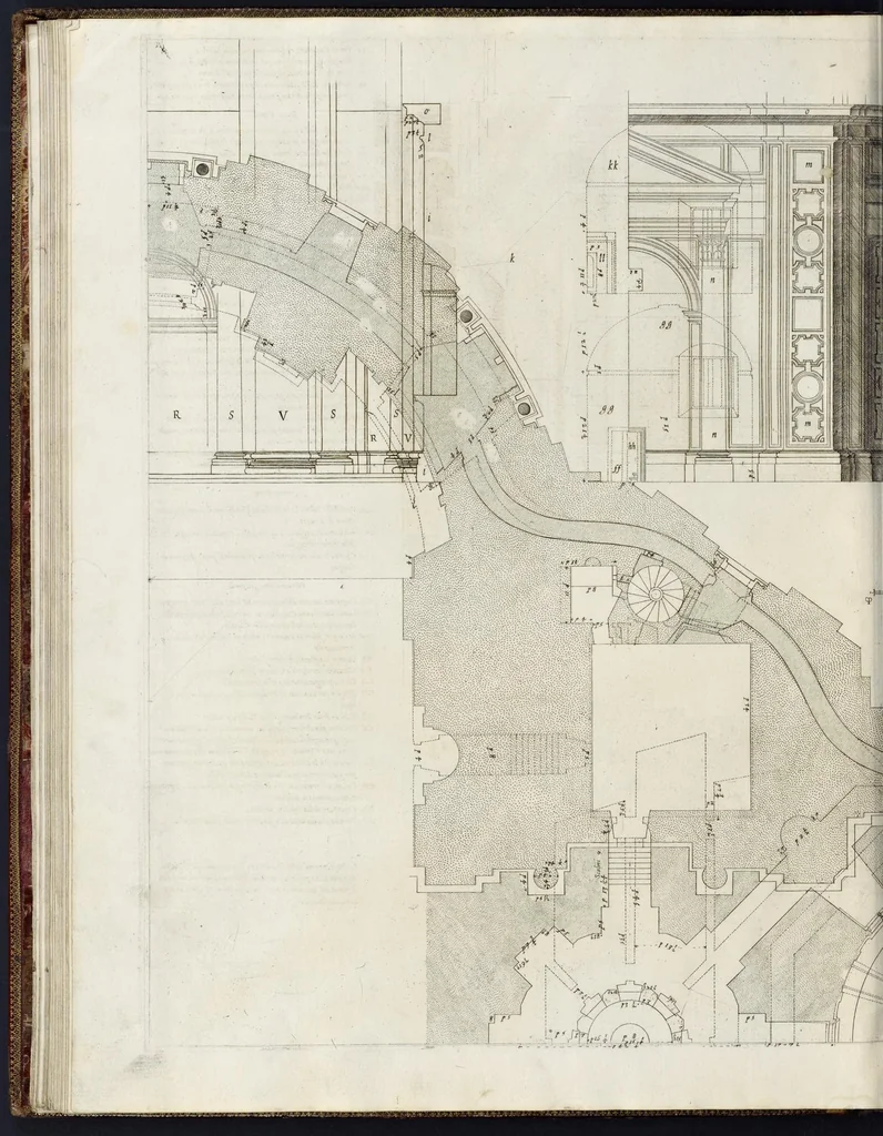 An illustration from Architettura della basilica di S. Pietro in Vaticano : Opera di Bramante Lazzari, Michel'Angelo Bonarota, Carlo Maderni, e altri famosi architetti, 1684, leaf 87