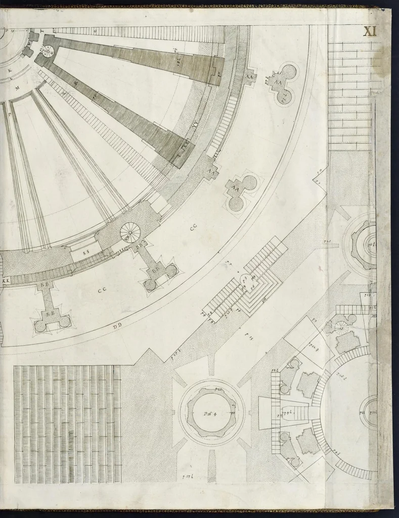 An illustration from Architettura della basilica di S. Pietro in Vaticano : Opera di Bramante Lazzari, Michel'Angelo Bonarota, Carlo Maderni, e altri famosi architetti, 1684, leaf 90
