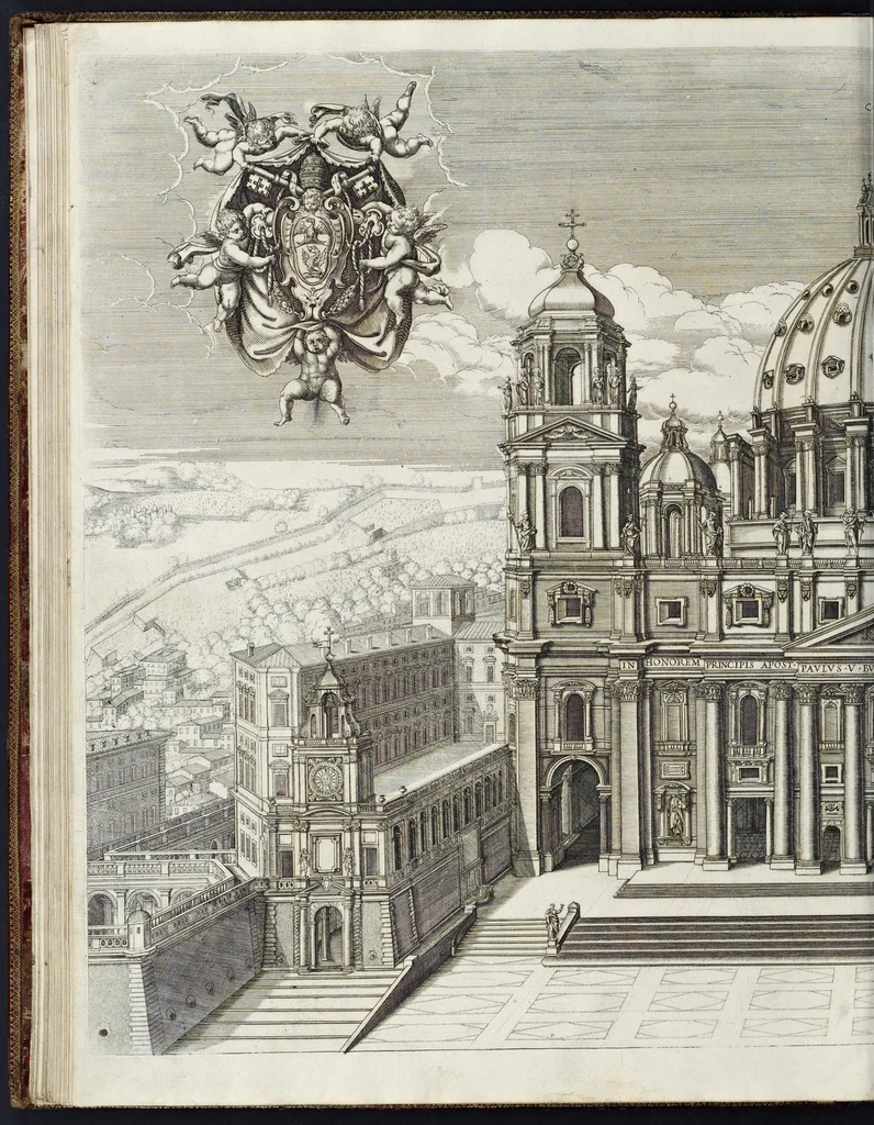 An illustration from Architettura della basilica di S. Pietro in Vaticano : Opera di Bramante Lazzari, Michel'Angelo Bonarota, Carlo Maderni, e altri famosi architetti, 1684, leaf 93