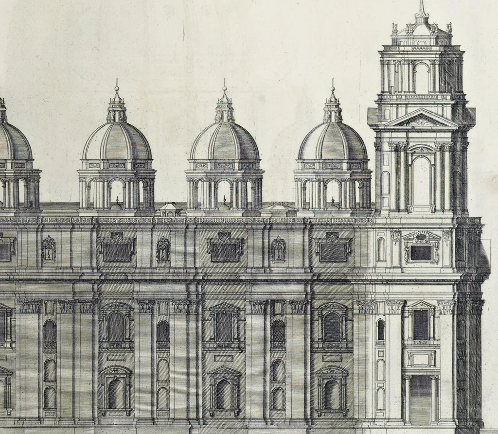 An illustration from Architettura della basilica di S. Pietro in Vaticano : Opera di Bramante Lazzari, Michel'Angelo Bonarota, Carlo Maderni, e altri famosi architetti, 1684, leaf 98