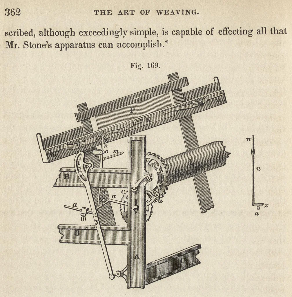 An illustration from The art of weaving, by hand and power: with an introductory account of its rise and progress in ancient and modern times .., 1844, leaf 389