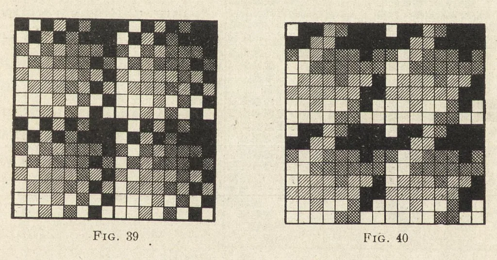 An illustration from Glossary of weaves : elementary textile designing : analysis of cotton fabrics : analysis of woolen and worsted fabrics : twill weaves and derivatives : satin and other weaves : construction of spot weaves : weaves for back cotton fabrics : wollen and worsted fly weaves : leno weaves : pile weaves : color in textile designing : designing in general, 1906, leaf 481