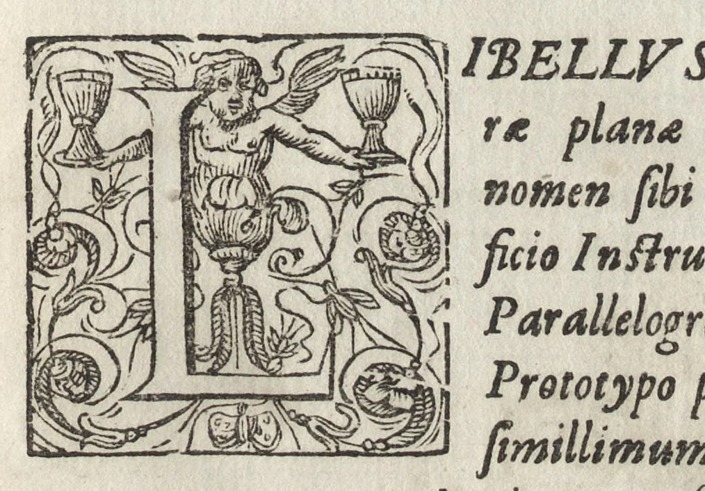 An illustration from Christophori Scheiner, e Societate Iesu Germano-Sueui, Pantographice, seu, Ars delineandi res quaslibet per parallelogrammum lineare seu cauum, mechanicum, mobile : libellis duobus explicata & demonstrationibus geometricis illustrata, quorum prior epipedographicen, siue planorum, posterior stereographicen, seu solidorum aspectabilium viuam imitationem atque proiectionem edocet, 1631, leaf 16