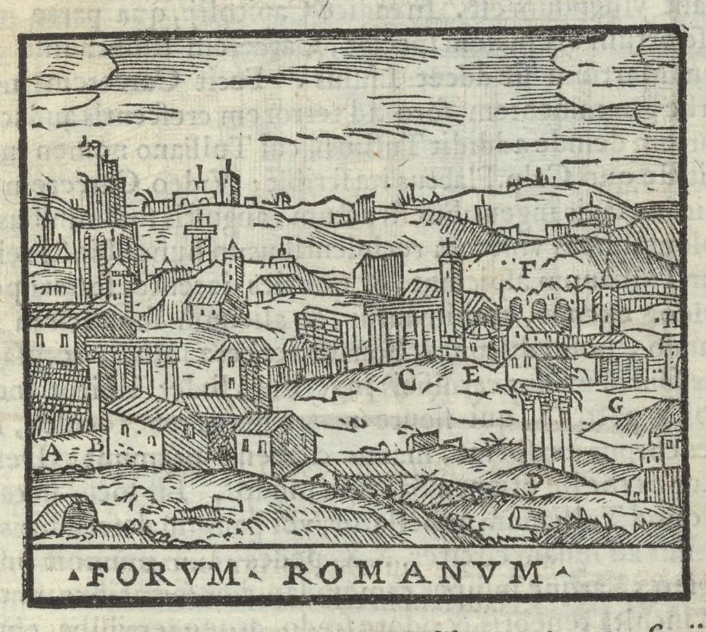 An illustration from Bartholomaei Marliani Vrbis Romae topographia; accvrate', tvm ex vetervm, tum etiam recentiorum fontibus hausta,, 1588, leaf 102
