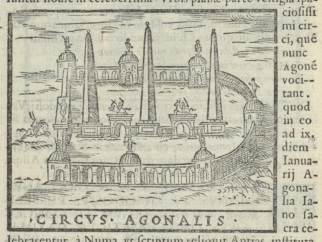 An illustration from Bartholomaei Marliani Vrbis Romae topographia; accvrate', tvm ex vetervm, tum etiam recentiorum fontibus hausta,, 1588, leaf 239