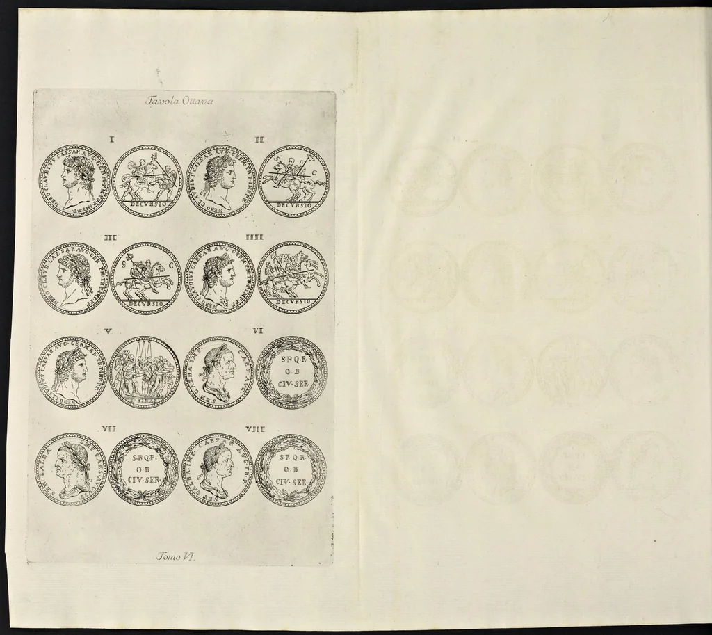 An illustration from I Cesari in oro, raccolti nel Farnese Museo e pubblicati colle loro congrue interpretazioni : tomo primo[-decimo], 1694, leaf 145
