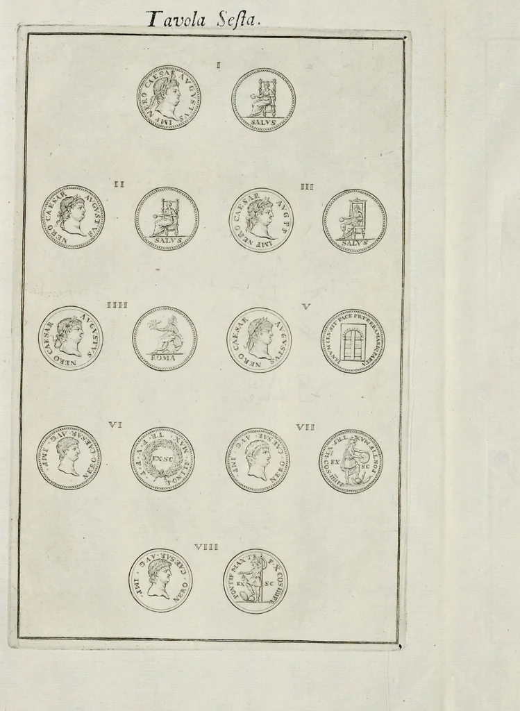 An illustration from I Cesari in oro, raccolti nel Farnese Museo e pubblicati colle loro congrue interpretazioni : tomo primo[-decimo], 1694, leaf 125