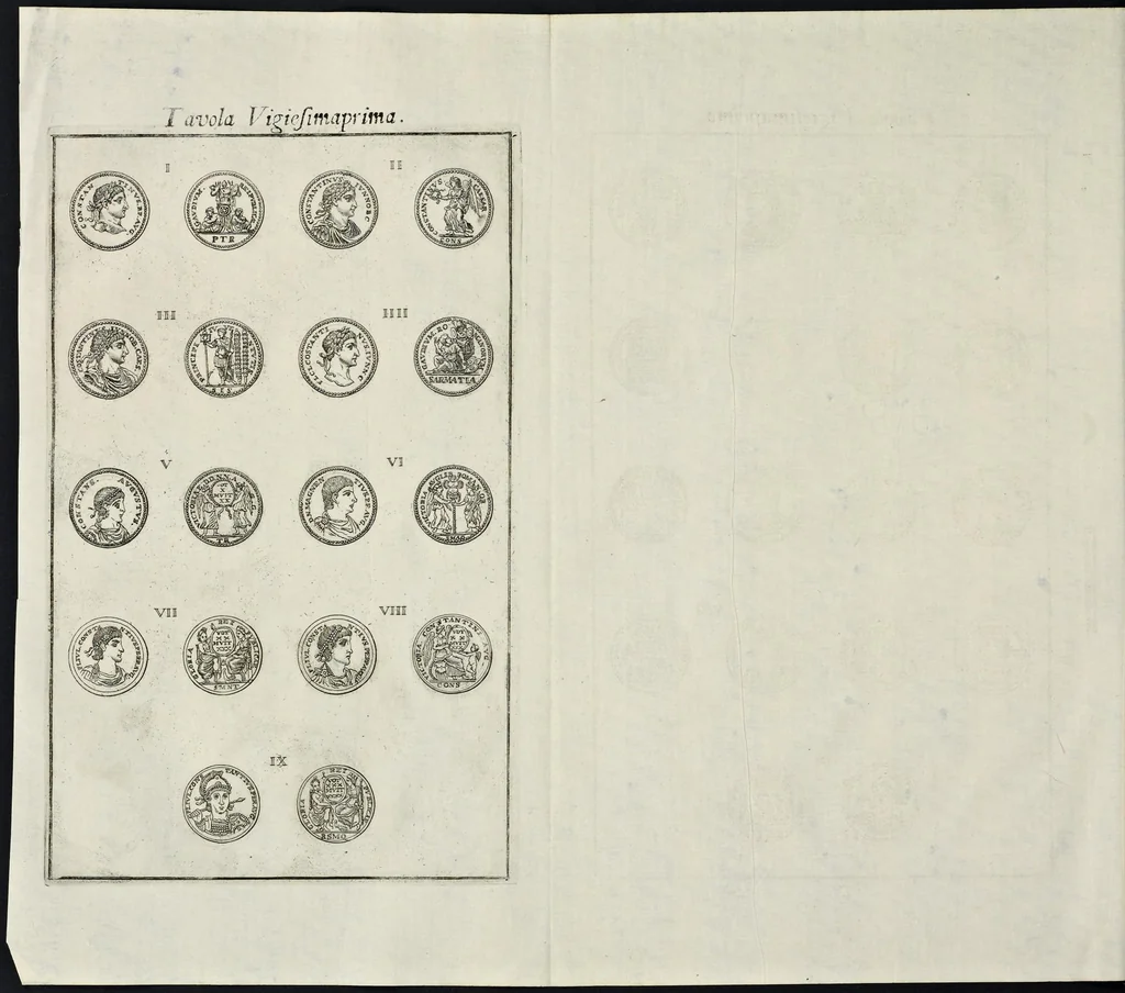 An illustration from I Cesari in oro, raccolti nel Farnese Museo e pubblicati colle loro congrue interpretazioni : tomo primo[-decimo], 1694, leaf 361