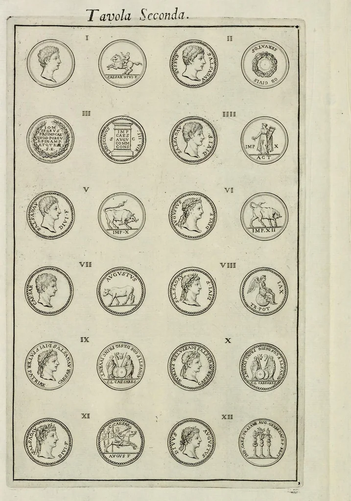 An illustration from I Cesari in oro, raccolti nel Farnese Museo e pubblicati colle loro congrue interpretazioni : tomo primo[-decimo], 1694, leaf 49