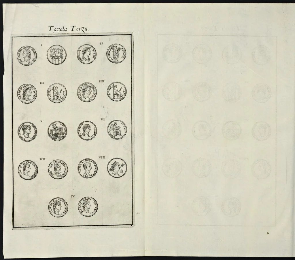 An illustration from I Cesari in oro, raccolti nel Farnese Museo e pubblicati colle loro congrue interpretazioni : tomo primo[-decimo], 1694, leaf 75