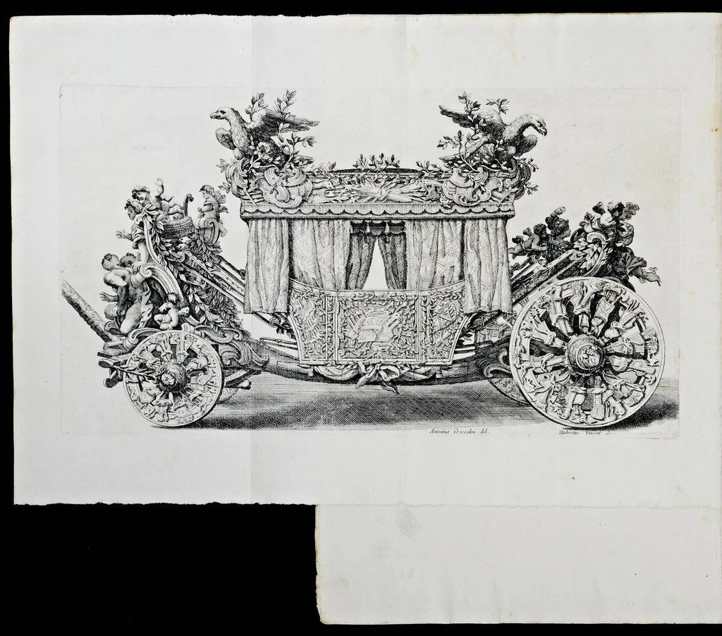 An illustration from Breve descrizzione e disegni delle carrozze dell'eccellentissimo signore Antonio Floriano, del S.R.I. prencipe di Liechtenstein ... caualiere della Chiaue d'oro di Sua Maesta Cesarea e suo ambasciadore alla Sede Apostolica, 1694, leaf 15