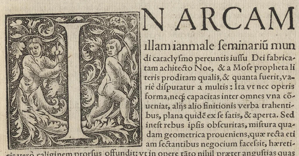 An illustration from Io. Bvteonis delphinatici Opera geometrica, qvorvm titvli seqvvntur. De arca Noe, cuius formae, capacitatisq[ue] fuerit. De sublicio ponte Caesaris. Confutatio quadraturae circuli ab Orontio Finaeo factae. Ad locum Quintiliani geometricum explanatio. Ad problema cubi duplicandi. De fluentis aquae mensura. Emendatio figurationis organi a Columella descripti. De libra et statera. De precio margaritarum. In ivre civili: De fluuiaticis insulis secundum ius civile diuidendis, vbi confutatur Tyberias Bartoli. De diuisione fructus arboris in confinio natae. Geometriae cognitionem iureconsulto necessariam. Ad legem Papiniani, diuortio. Ad legem Iuliani, si ita scriptum. Ad legem Aphricani, qui quadringenta, 1554, leaf 10