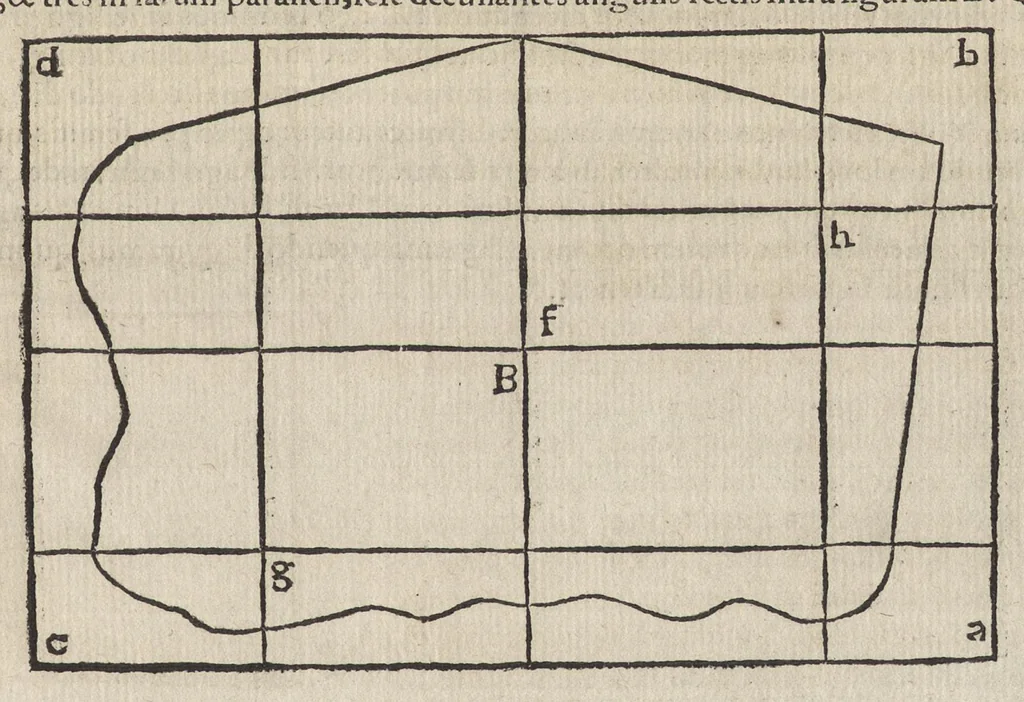 An illustration from Io. Bvteonis delphinatici Opera geometrica, qvorvm titvli seqvvntur. De arca Noe, cuius formae, capacitatisq[ue] fuerit. De sublicio ponte Caesaris. Confutatio quadraturae circuli ab Orontio Finaeo factae. Ad locum Quintiliani geometricum explanatio. Ad problema cubi duplicandi. De fluentis aquae mensura. Emendatio figurationis organi a Columella descripti. De libra et statera. De precio margaritarum. In ivre civili: De fluuiaticis insulis secundum ius civile diuidendis, vbi confutatur Tyberias Bartoli. De diuisione fructus arboris in confinio natae. Geometriae cognitionem iureconsulto necessariam. Ad legem Papiniani, diuortio. Ad legem Iuliani, si ita scriptum. Ad legem Aphricani, qui quadringenta, 1554, leaf 120