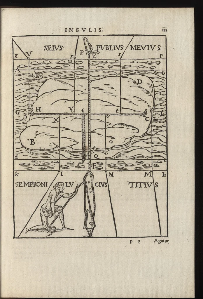 An illustration from Io. Bvteonis delphinatici Opera geometrica, qvorvm titvli seqvvntur. De arca Noe, cuius formae, capacitatisq[ue] fuerit. De sublicio ponte Caesaris. Confutatio quadraturae circuli ab Orontio Finaeo factae. Ad locum Quintiliani geometricum explanatio. Ad problema cubi duplicandi. De fluentis aquae mensura. Emendatio figurationis organi a Columella descripti. De libra et statera. De precio margaritarum. In ivre civili: De fluuiaticis insulis secundum ius civile diuidendis, vbi confutatur Tyberias Bartoli. De diuisione fructus arboris in confinio natae. Geometriae cognitionem iureconsulto necessariam. Ad legem Papiniani, diuortio. Ad legem Iuliani, si ita scriptum. Ad legem Aphricani, qui quadringenta, 1554, leaf 122