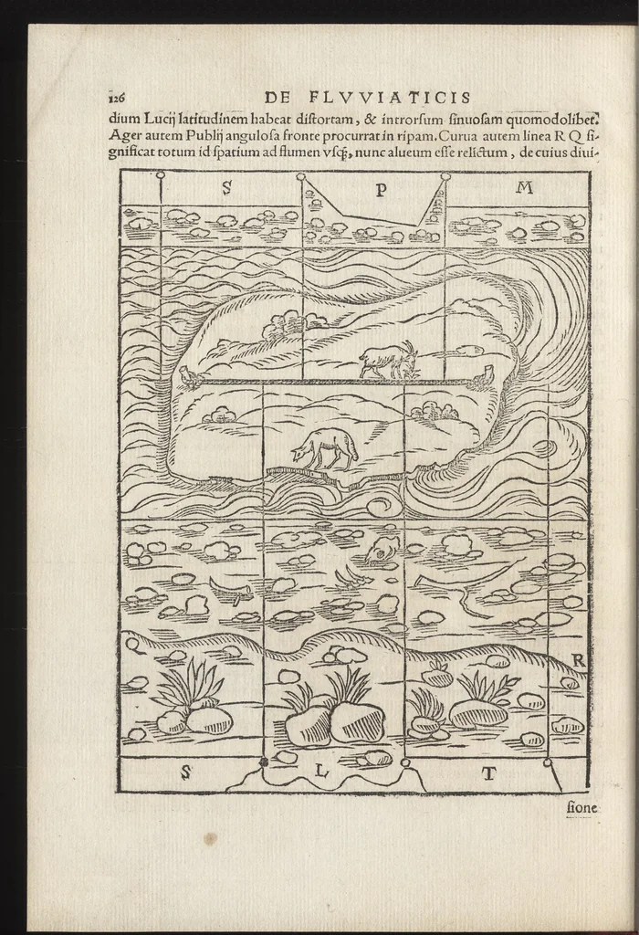 An illustration from Io. Bvteonis delphinatici Opera geometrica, qvorvm titvli seqvvntur. De arca Noe, cuius formae, capacitatisq[ue] fuerit. De sublicio ponte Caesaris. Confutatio quadraturae circuli ab Orontio Finaeo factae. Ad locum Quintiliani geometricum explanatio. Ad problema cubi duplicandi. De fluentis aquae mensura. Emendatio figurationis organi a Columella descripti. De libra et statera. De precio margaritarum. In ivre civili: De fluuiaticis insulis secundum ius civile diuidendis, vbi confutatur Tyberias Bartoli. De diuisione fructus arboris in confinio natae. Geometriae cognitionem iureconsulto necessariam. Ad legem Papiniani, diuortio. Ad legem Iuliani, si ita scriptum. Ad legem Aphricani, qui quadringenta, 1554, leaf 131