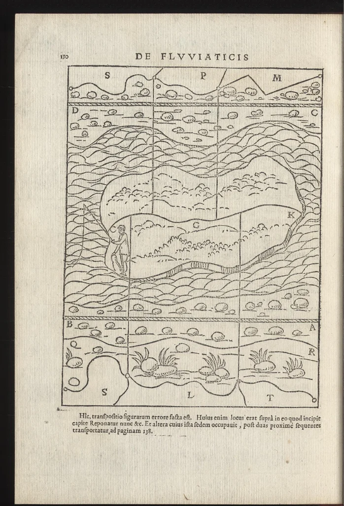An illustration from Io. Bvteonis delphinatici Opera geometrica, qvorvm titvli seqvvntur. De arca Noe, cuius formae, capacitatisq[ue] fuerit. De sublicio ponte Caesaris. Confutatio quadraturae circuli ab Orontio Finaeo factae. Ad locum Quintiliani geometricum explanatio. Ad problema cubi duplicandi. De fluentis aquae mensura. Emendatio figurationis organi a Columella descripti. De libra et statera. De precio margaritarum. In ivre civili: De fluuiaticis insulis secundum ius civile diuidendis, vbi confutatur Tyberias Bartoli. De diuisione fructus arboris in confinio natae. Geometriae cognitionem iureconsulto necessariam. Ad legem Papiniani, diuortio. Ad legem Iuliani, si ita scriptum. Ad legem Aphricani, qui quadringenta, 1554, leaf 135