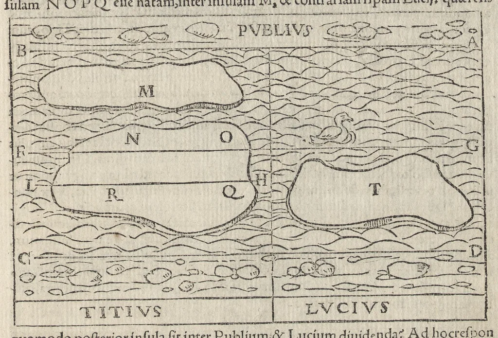 An illustration from Io. Bvteonis delphinatici Opera geometrica, qvorvm titvli seqvvntur. De arca Noe, cuius formae, capacitatisq[ue] fuerit. De sublicio ponte Caesaris. Confutatio quadraturae circuli ab Orontio Finaeo factae. Ad locum Quintiliani geometricum explanatio. Ad problema cubi duplicandi. De fluentis aquae mensura. Emendatio figurationis organi a Columella descripti. De libra et statera. De precio margaritarum. In ivre civili: De fluuiaticis insulis secundum ius civile diuidendis, vbi confutatur Tyberias Bartoli. De diuisione fructus arboris in confinio natae. Geometriae cognitionem iureconsulto necessariam. Ad legem Papiniani, diuortio. Ad legem Iuliani, si ita scriptum. Ad legem Aphricani, qui quadringenta, 1554, leaf 136