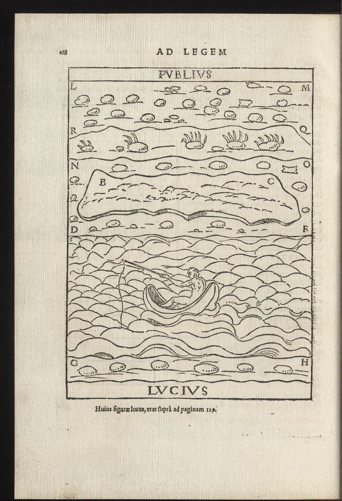 An illustration from Io. Bvteonis delphinatici Opera geometrica, qvorvm titvli seqvvntur. De arca Noe, cuius formae, capacitatisq[ue] fuerit. De sublicio ponte Caesaris. Confutatio quadraturae circuli ab Orontio Finaeo factae. Ad locum Quintiliani geometricum explanatio. Ad problema cubi duplicandi. De fluentis aquae mensura. Emendatio figurationis organi a Columella descripti. De libra et statera. De precio margaritarum. In ivre civili: De fluuiaticis insulis secundum ius civile diuidendis, vbi confutatur Tyberias Bartoli. De diuisione fructus arboris in confinio natae. Geometriae cognitionem iureconsulto necessariam. Ad legem Papiniani, diuortio. Ad legem Iuliani, si ita scriptum. Ad legem Aphricani, qui quadringenta, 1554, leaf 143