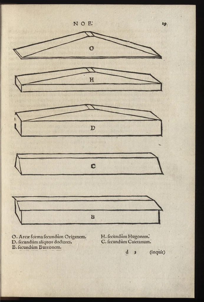 An illustration from Io. Bvteonis delphinatici Opera geometrica, qvorvm titvli seqvvntur. De arca Noe, cuius formae, capacitatisq[ue] fuerit. De sublicio ponte Caesaris. Confutatio quadraturae circuli ab Orontio Finaeo factae. Ad locum Quintiliani geometricum explanatio. Ad problema cubi duplicandi. De fluentis aquae mensura. Emendatio figurationis organi a Columella descripti. De libra et statera. De precio margaritarum. In ivre civili: De fluuiaticis insulis secundum ius civile diuidendis, vbi confutatur Tyberias Bartoli. De diuisione fructus arboris in confinio natae. Geometriae cognitionem iureconsulto necessariam. Ad legem Papiniani, diuortio. Ad legem Iuliani, si ita scriptum. Ad legem Aphricani, qui quadringenta, 1554, leaf 34