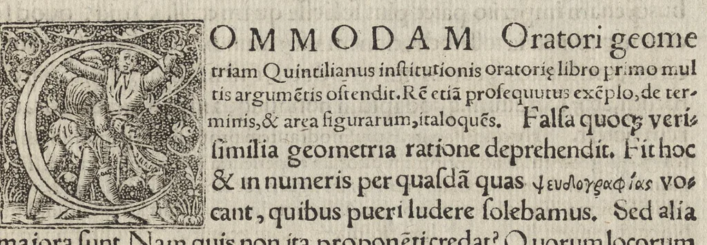 An illustration from Io. Bvteonis delphinatici Opera geometrica, qvorvm titvli seqvvntur. De arca Noe, cuius formae, capacitatisq[ue] fuerit. De sublicio ponte Caesaris. Confutatio quadraturae circuli ab Orontio Finaeo factae. Ad locum Quintiliani geometricum explanatio. Ad problema cubi duplicandi. De fluentis aquae mensura. Emendatio figurationis organi a Columella descripti. De libra et statera. De precio margaritarum. In ivre civili: De fluuiaticis insulis secundum ius civile diuidendis, vbi confutatur Tyberias Bartoli. De diuisione fructus arboris in confinio natae. Geometriae cognitionem iureconsulto necessariam. Ad legem Papiniani, diuortio. Ad legem Iuliani, si ita scriptum. Ad legem Aphricani, qui quadringenta, 1554, leaf 56