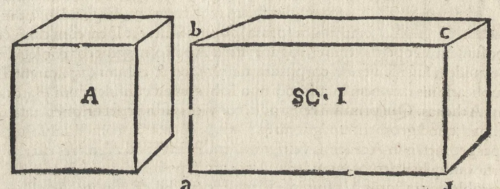 An illustration from Io. Bvteonis delphinatici Opera geometrica, qvorvm titvli seqvvntur. De arca Noe, cuius formae, capacitatisq[ue] fuerit. De sublicio ponte Caesaris. Confutatio quadraturae circuli ab Orontio Finaeo factae. Ad locum Quintiliani geometricum explanatio. Ad problema cubi duplicandi. De fluentis aquae mensura. Emendatio figurationis organi a Columella descripti. De libra et statera. De precio margaritarum. In ivre civili: De fluuiaticis insulis secundum ius civile diuidendis, vbi confutatur Tyberias Bartoli. De diuisione fructus arboris in confinio natae. Geometriae cognitionem iureconsulto necessariam. Ad legem Papiniani, diuortio. Ad legem Iuliani, si ita scriptum. Ad legem Aphricani, qui quadringenta, 1554, leaf 65