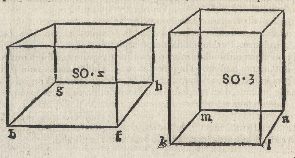 An illustration from Io. Bvteonis delphinatici Opera geometrica, qvorvm titvli seqvvntur. De arca Noe, cuius formae, capacitatisq[ue] fuerit. De sublicio ponte Caesaris. Confutatio quadraturae circuli ab Orontio Finaeo factae. Ad locum Quintiliani geometricum explanatio. Ad problema cubi duplicandi. De fluentis aquae mensura. Emendatio figurationis organi a Columella descripti. De libra et statera. De precio margaritarum. In ivre civili: De fluuiaticis insulis secundum ius civile diuidendis, vbi confutatur Tyberias Bartoli. De diuisione fructus arboris in confinio natae. Geometriae cognitionem iureconsulto necessariam. Ad legem Papiniani, diuortio. Ad legem Iuliani, si ita scriptum. Ad legem Aphricani, qui quadringenta, 1554, leaf 65
