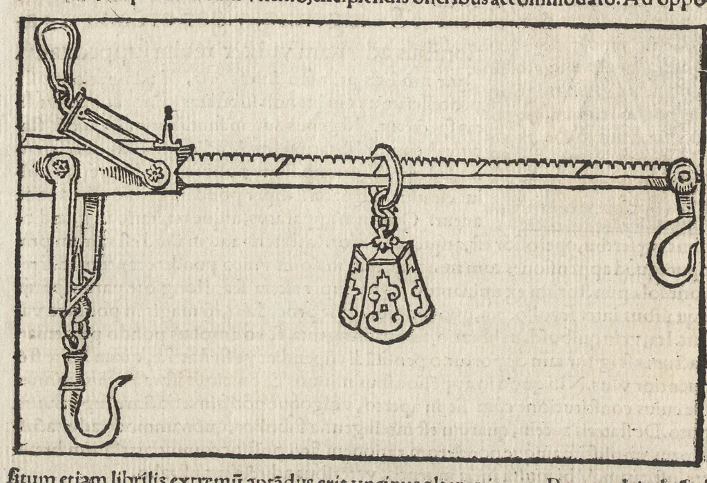 An illustration from Io. Bvteonis delphinatici Opera geometrica, qvorvm titvli seqvvntur. De arca Noe, cuius formae, capacitatisq[ue] fuerit. De sublicio ponte Caesaris. Confutatio quadraturae circuli ab Orontio Finaeo factae. Ad locum Quintiliani geometricum explanatio. Ad problema cubi duplicandi. De fluentis aquae mensura. Emendatio figurationis organi a Columella descripti. De libra et statera. De precio margaritarum. In ivre civili: De fluuiaticis insulis secundum ius civile diuidendis, vbi confutatur Tyberias Bartoli. De diuisione fructus arboris in confinio natae. Geometriae cognitionem iureconsulto necessariam. Ad legem Papiniani, diuortio. Ad legem Iuliani, si ita scriptum. Ad legem Aphricani, qui quadringenta, 1554, leaf 83