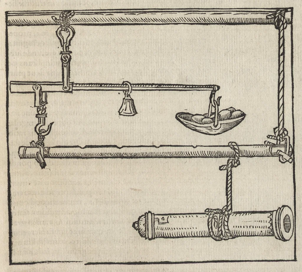 An illustration from Io. Bvteonis delphinatici Opera geometrica, qvorvm titvli seqvvntur. De arca Noe, cuius formae, capacitatisq[ue] fuerit. De sublicio ponte Caesaris. Confutatio quadraturae circuli ab Orontio Finaeo factae. Ad locum Quintiliani geometricum explanatio. Ad problema cubi duplicandi. De fluentis aquae mensura. Emendatio figurationis organi a Columella descripti. De libra et statera. De precio margaritarum. In ivre civili: De fluuiaticis insulis secundum ius civile diuidendis, vbi confutatur Tyberias Bartoli. De diuisione fructus arboris in confinio natae. Geometriae cognitionem iureconsulto necessariam. Ad legem Papiniani, diuortio. Ad legem Iuliani, si ita scriptum. Ad legem Aphricani, qui quadringenta, 1554, leaf 86