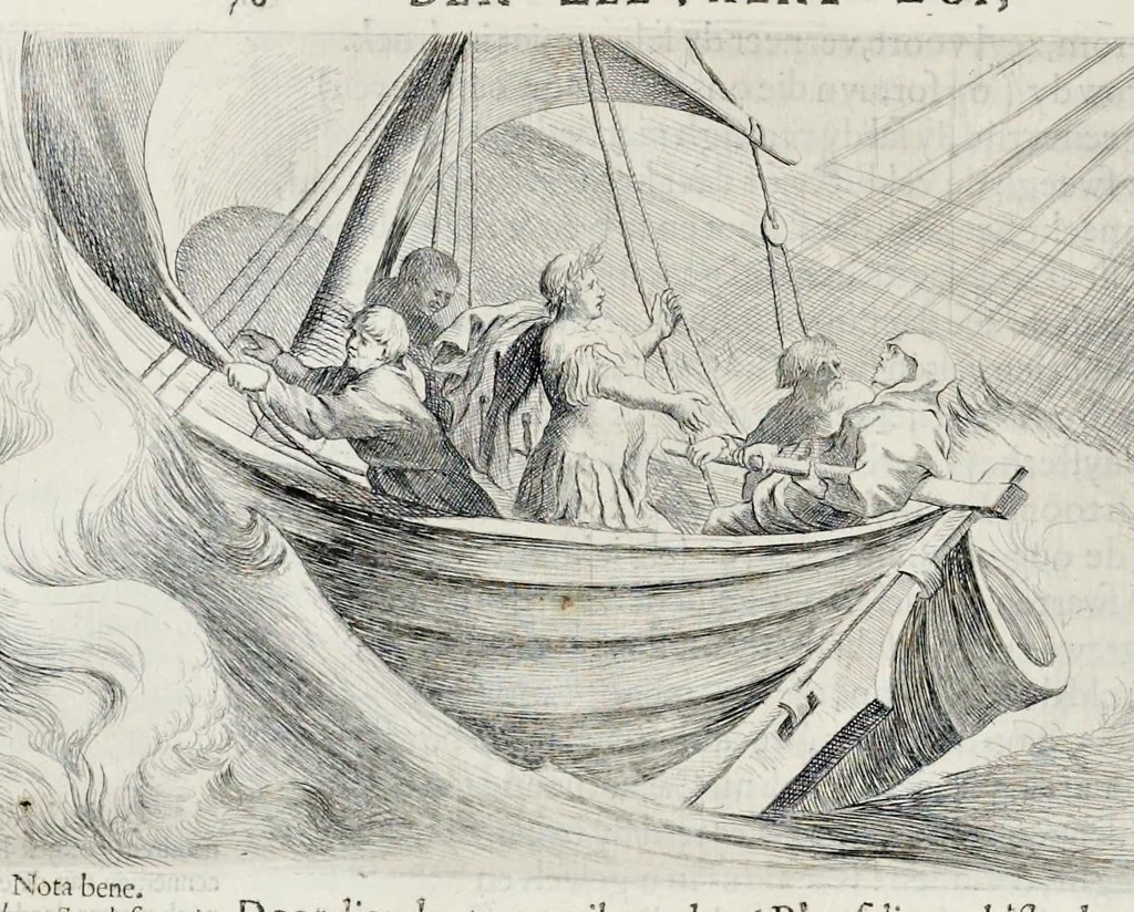 An illustration from Der zee-vaert lof : handelende vande gedenckwaerdighste zeevaerden met de daeraenklevende op en onderganghen der voornaemste heerschappijen der gantscher wereld : zedert haere beginselen tot op den dagh van huyden : in VI boecken, 1634, leaf 103