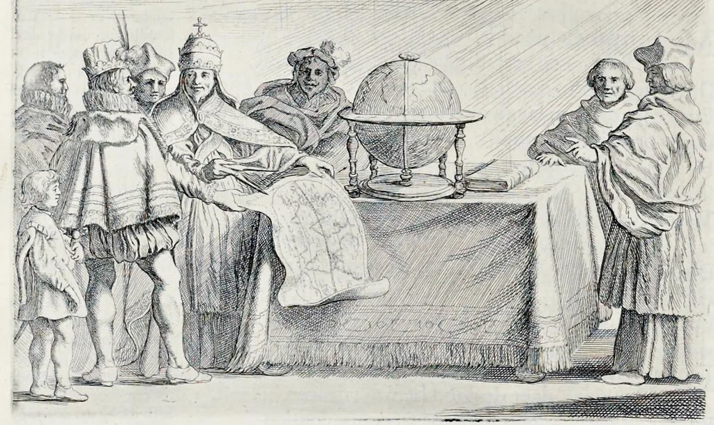 An illustration from Der zee-vaert lof : handelende vande gedenckwaerdighste zeevaerden met de daeraenklevende op en onderganghen der voornaemste heerschappijen der gantscher wereld : zedert haere beginselen tot op den dagh van huyden : in VI boecken, 1634, leaf 187