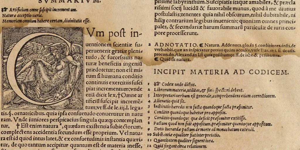 An illustration from Azonis Svmma avrea : recèns pristinae suae fidei restituta, ac archetypo collata : accessêre Hiero. Gigantis I.V.D. adnotationes : his recèns subiecta fuêre adnotamenta ex F. Martini Abb. Summa : adiecit etiam Pardulphus Prateius iurisconsultus scholia aliquot, 1557, leaf 6