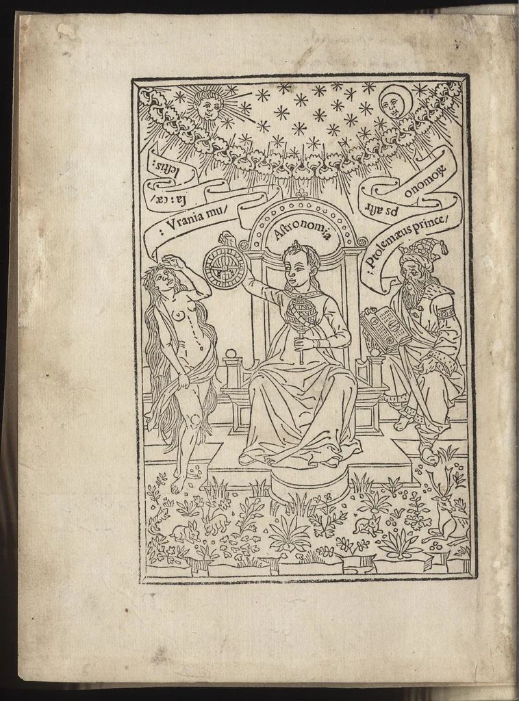An illustration from Nouiciis adolescentibus, ad astronomicã remp. capessendã aditum impetrãtibus, pro breui rectoq[ue] tramite a uulgari uestigio semoto, Iohãnis de Sacro Busto Sphaericũ opusculũ : una cũ additionib[us] nõnullis littera A sparsim ubi intersertae sint signatis. Contraq[ue] Cremonensia in planetar[um] theoricas delyramenta Iohãnis de Mõte Regio disputatiões tã acuratiss. q̃[ue] utiliss. Nec nõ Georgii Purbachii ĩ eorũdẽ Mot[us] planetar[um] acuratiss. theoricae dicatum opus .., leaf 5