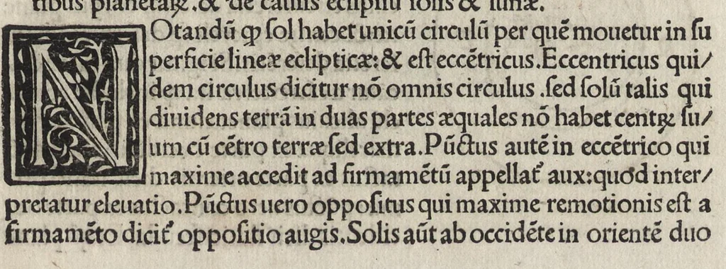An illustration from Nouiciis adolescentibus, ad astronomicã remp. capessendã aditum impetrãtibus, pro breui rectoq[ue] tramite a uulgari uestigio semoto, Iohãnis de Sacro Busto Sphaericũ opusculũ : una cũ additionib[us] nõnullis littera A sparsim ubi intersertae sint signatis. Contraq[ue] Cremonensia in planetar[um] theoricas delyramenta Iohãnis de Mõte Regio disputatiões tã acuratiss. q̃[ue] utiliss. Nec nõ Georgii Purbachii ĩ eorũdẽ Mot[us] planetar[um] acuratiss. theoricae dicatum opus .., leaf 54