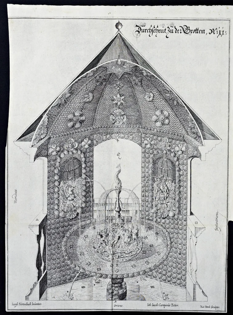 An illustration from Architectura privata, das ist, Gründtliche Beschreibung, neben conterfetischer Vorstellung, inn was Form vnd Manier ein gar irregular, burgerliches Wohnhaus, jedoch mit seinem sehr guten Commoditeten erbawet, darbey ein Rüst vnd Kunst Kammer auffgericht, ingleichem mit Garten, Blumen, Wasser, neben einem Grottenwercklin versehen, vnnd also schon zu gutem Ende ist gebracht worden : darbey ... zu erlehrnen in was Gestalt man die Berlemuttere Meer-Schnecken, neben denselben Muscheln, sowol auch die CorallenZincken palliren, vnd das beste Kitt zu verfertigung der Grotten zubereiten solle ..., 1641, leaf 123