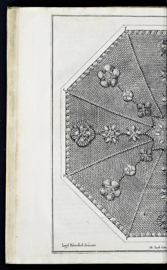 An illustration from Architectura privata, das ist, Gründtliche Beschreibung, neben conterfetischer Vorstellung, inn was Form vnd Manier ein gar irregular, burgerliches Wohnhaus, jedoch mit seinem sehr guten Commoditeten erbawet, darbey ein Rüst vnd Kunst Kammer auffgericht, ingleichem mit Garten, Blumen, Wasser, neben einem Grottenwercklin versehen, vnnd also schon zu gutem Ende ist gebracht worden : darbey ... zu erlehrnen in was Gestalt man die Berlemuttere Meer-Schnecken, neben denselben Muscheln, sowol auch die CorallenZincken palliren, vnd das beste Kitt zu verfertigung der Grotten zubereiten solle ..., 1641, leaf 129