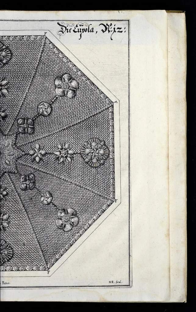 An illustration from Architectura privata, das ist, Gründtliche Beschreibung, neben conterfetischer Vorstellung, inn was Form vnd Manier ein gar irregular, burgerliches Wohnhaus, jedoch mit seinem sehr guten Commoditeten erbawet, darbey ein Rüst vnd Kunst Kammer auffgericht, ingleichem mit Garten, Blumen, Wasser, neben einem Grottenwercklin versehen, vnnd also schon zu gutem Ende ist gebracht worden : darbey ... zu erlehrnen in was Gestalt man die Berlemuttere Meer-Schnecken, neben denselben Muscheln, sowol auch die CorallenZincken palliren, vnd das beste Kitt zu verfertigung der Grotten zubereiten solle ..., 1641, leaf 130