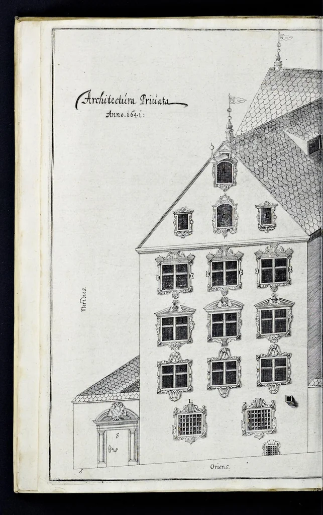 An illustration from Architectura privata, das ist, Gründtliche Beschreibung, neben conterfetischer Vorstellung, inn was Form vnd Manier ein gar irregular, burgerliches Wohnhaus, jedoch mit seinem sehr guten Commoditeten erbawet, darbey ein Rüst vnd Kunst Kammer auffgericht, ingleichem mit Garten, Blumen, Wasser, neben einem Grottenwercklin versehen, vnnd also schon zu gutem Ende ist gebracht worden : darbey ... zu erlehrnen in was Gestalt man die Berlemuttere Meer-Schnecken, neben denselben Muscheln, sowol auch die CorallenZincken palliren, vnd das beste Kitt zu verfertigung der Grotten zubereiten solle ..., 1641, leaf 21