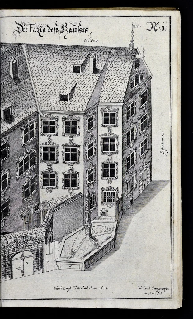 An illustration from Architectura privata, das ist, Gründtliche Beschreibung, neben conterfetischer Vorstellung, inn was Form vnd Manier ein gar irregular, burgerliches Wohnhaus, jedoch mit seinem sehr guten Commoditeten erbawet, darbey ein Rüst vnd Kunst Kammer auffgericht, ingleichem mit Garten, Blumen, Wasser, neben einem Grottenwercklin versehen, vnnd also schon zu gutem Ende ist gebracht worden : darbey ... zu erlehrnen in was Gestalt man die Berlemuttere Meer-Schnecken, neben denselben Muscheln, sowol auch die CorallenZincken palliren, vnd das beste Kitt zu verfertigung der Grotten zubereiten solle ..., 1641, leaf 22