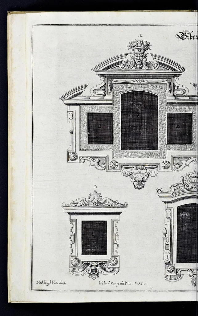An illustration from Architectura privata, das ist, Gründtliche Beschreibung, neben conterfetischer Vorstellung, inn was Form vnd Manier ein gar irregular, burgerliches Wohnhaus, jedoch mit seinem sehr guten Commoditeten erbawet, darbey ein Rüst vnd Kunst Kammer auffgericht, ingleichem mit Garten, Blumen, Wasser, neben einem Grottenwercklin versehen, vnnd also schon zu gutem Ende ist gebracht worden : darbey ... zu erlehrnen in was Gestalt man die Berlemuttere Meer-Schnecken, neben denselben Muscheln, sowol auch die CorallenZincken palliren, vnd das beste Kitt zu verfertigung der Grotten zubereiten solle ..., 1641, leaf 27