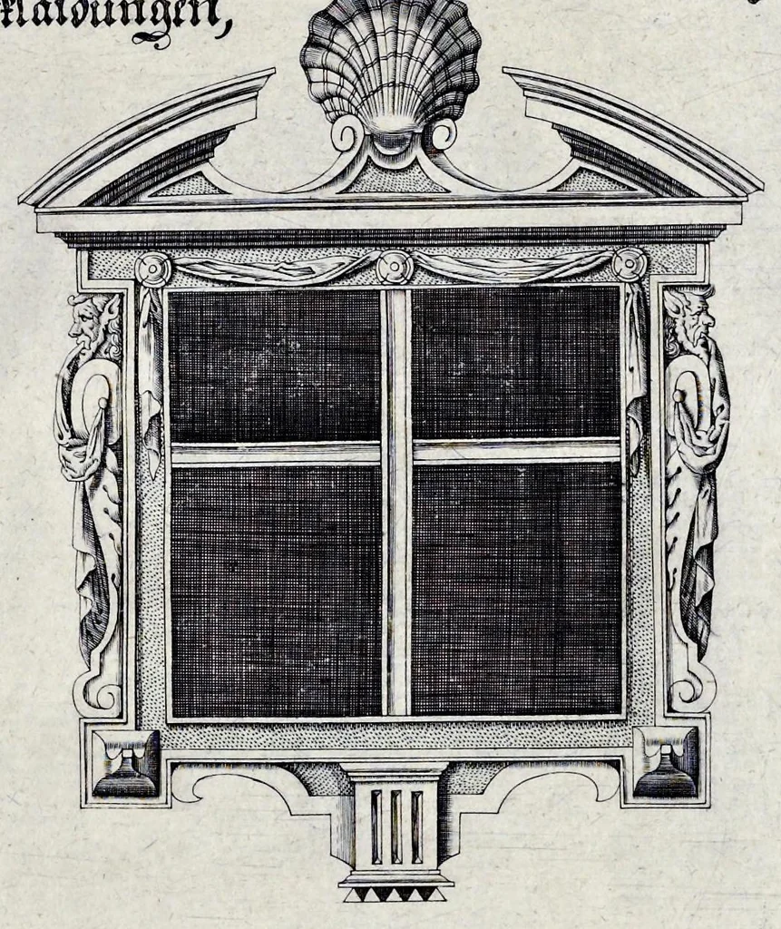 An illustration from Architectura privata, das ist, Gründtliche Beschreibung, neben conterfetischer Vorstellung, inn was Form vnd Manier ein gar irregular, burgerliches Wohnhaus, jedoch mit seinem sehr guten Commoditeten erbawet, darbey ein Rüst vnd Kunst Kammer auffgericht, ingleichem mit Garten, Blumen, Wasser, neben einem Grottenwercklin versehen, vnnd also schon zu gutem Ende ist gebracht worden : darbey ... zu erlehrnen in was Gestalt man die Berlemuttere Meer-Schnecken, neben denselben Muscheln, sowol auch die CorallenZincken palliren, vnd das beste Kitt zu verfertigung der Grotten zubereiten solle ..., 1641, leaf 34