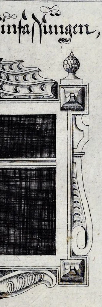 An illustration from Architectura privata, das ist, Gründtliche Beschreibung, neben conterfetischer Vorstellung, inn was Form vnd Manier ein gar irregular, burgerliches Wohnhaus, jedoch mit seinem sehr guten Commoditeten erbawet, darbey ein Rüst vnd Kunst Kammer auffgericht, ingleichem mit Garten, Blumen, Wasser, neben einem Grottenwercklin versehen, vnnd also schon zu gutem Ende ist gebracht worden : darbey ... zu erlehrnen in was Gestalt man die Berlemuttere Meer-Schnecken, neben denselben Muscheln, sowol auch die CorallenZincken palliren, vnd das beste Kitt zu verfertigung der Grotten zubereiten solle ..., 1641, leaf 38