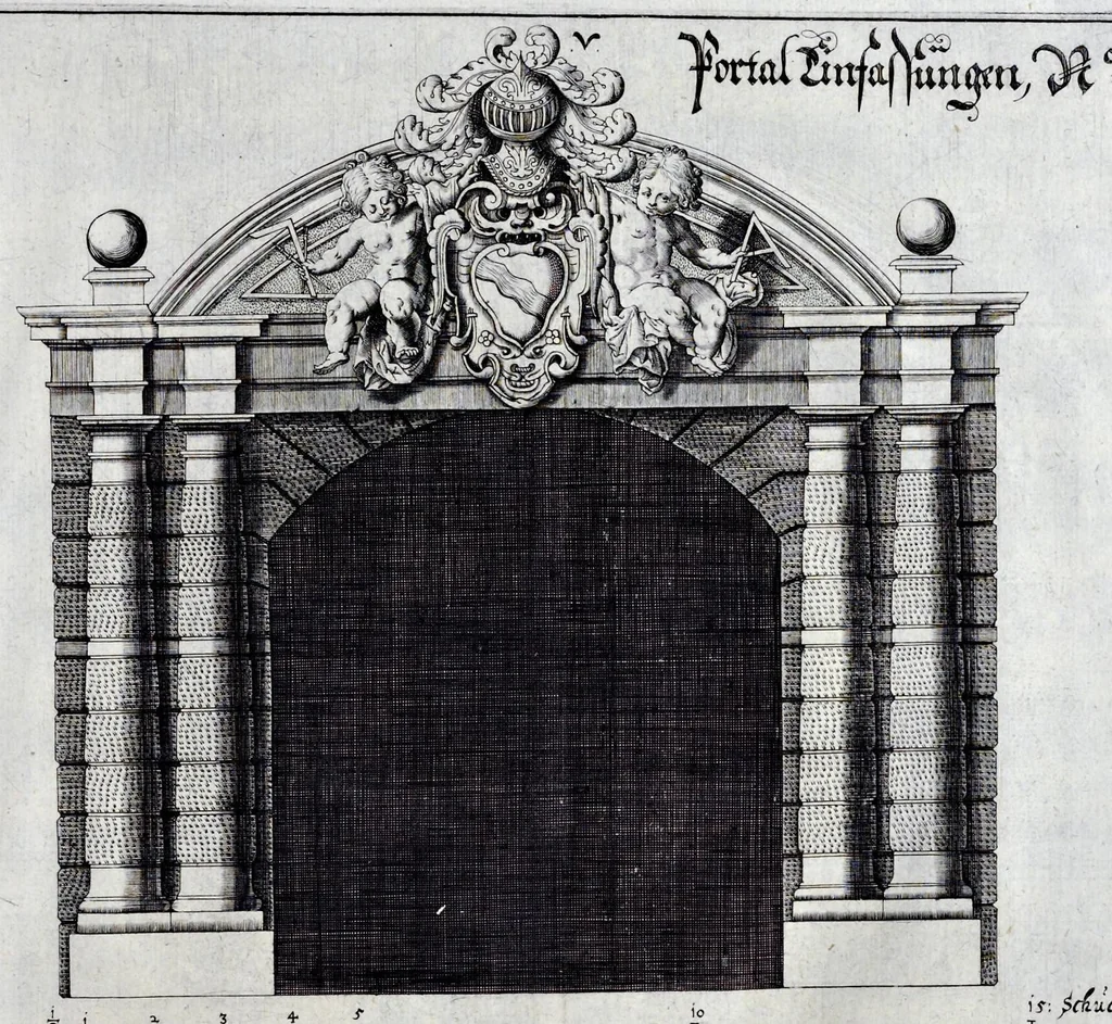 An illustration from Architectura privata, das ist, Gründtliche Beschreibung, neben conterfetischer Vorstellung, inn was Form vnd Manier ein gar irregular, burgerliches Wohnhaus, jedoch mit seinem sehr guten Commoditeten erbawet, darbey ein Rüst vnd Kunst Kammer auffgericht, ingleichem mit Garten, Blumen, Wasser, neben einem Grottenwercklin versehen, vnnd also schon zu gutem Ende ist gebracht worden : darbey ... zu erlehrnen in was Gestalt man die Berlemuttere Meer-Schnecken, neben denselben Muscheln, sowol auch die CorallenZincken palliren, vnd das beste Kitt zu verfertigung der Grotten zubereiten solle ..., 1641, leaf 40