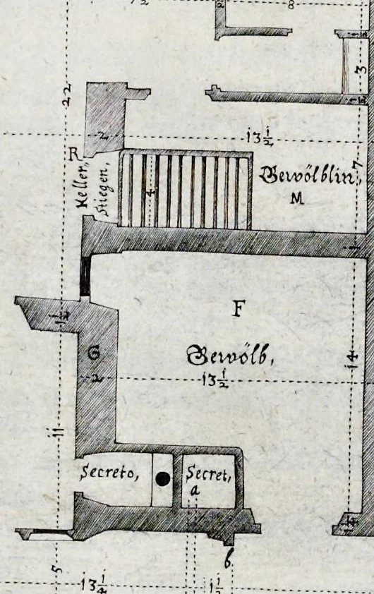 An illustration from Architectura privata, das ist, Gründtliche Beschreibung, neben conterfetischer Vorstellung, inn was Form vnd Manier ein gar irregular, burgerliches Wohnhaus, jedoch mit seinem sehr guten Commoditeten erbawet, darbey ein Rüst vnd Kunst Kammer auffgericht, ingleichem mit Garten, Blumen, Wasser, neben einem Grottenwercklin versehen, vnnd also schon zu gutem Ende ist gebracht worden : darbey ... zu erlehrnen in was Gestalt man die Berlemuttere Meer-Schnecken, neben denselben Muscheln, sowol auch die CorallenZincken palliren, vnd das beste Kitt zu verfertigung der Grotten zubereiten solle ..., 1641, leaf 53